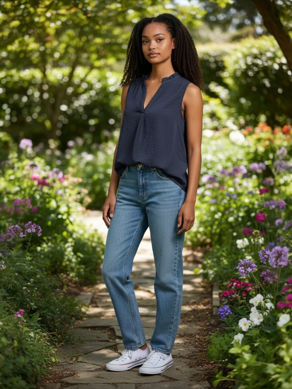Crown & Ivy Navy Sleeveless V-Neck Textured Blouse